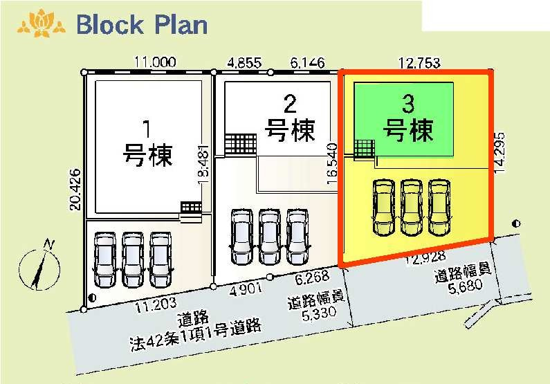 新築　前橋市粕川町新屋第2　クレイドルガーデン　3号棟の区画図|3号棟　区画図　南側接道幅員約5.3ｍ

