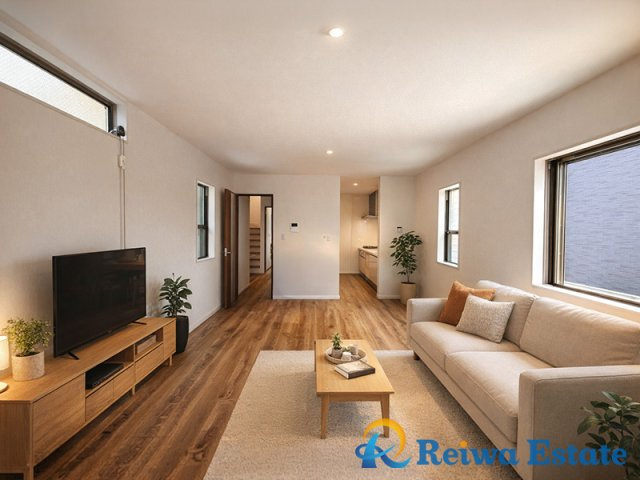 新築戸建　高座郡寒川町岡田2丁目の居間・リビング|生活がイメージできるように、AIを使用して家具・家電・小物等を配置しております。