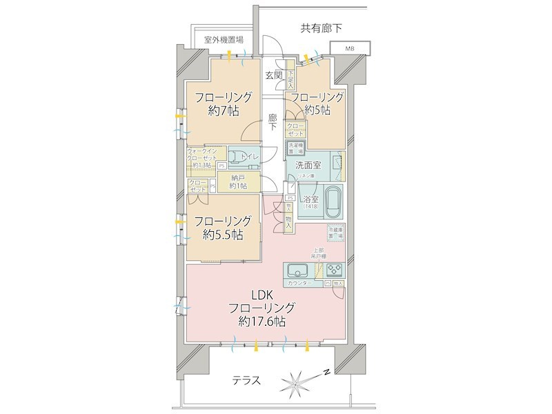 3LDK+S専有面積78.03㎡、南東の角部屋ですので、日照通風が良好です。