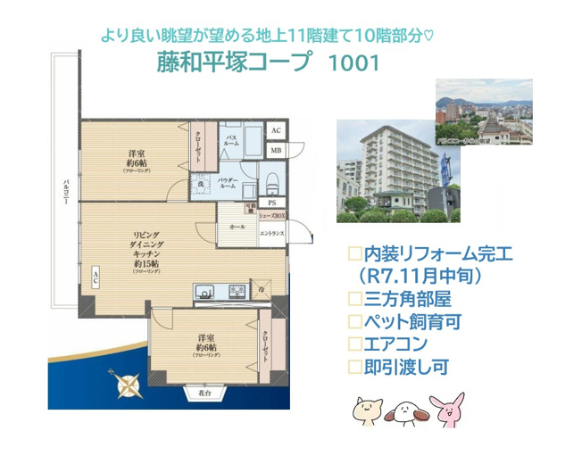 【間取り】 | 気持ち良い新生活がお迎えできるリノベマンション（R7.11月中旬）
大切なペットの飼育もOK！より良い眺望が望める地上１１階建て１０階部分！
３方角部屋で、あふれる開放感が魅力的なお部屋です♪