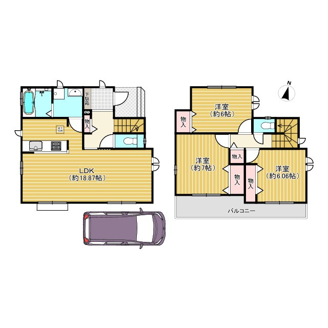 【商談中】長岡京市滝ノ町2丁目　　の間取り|A号棟
全居室6帖以上の広々間取りです(^^♪