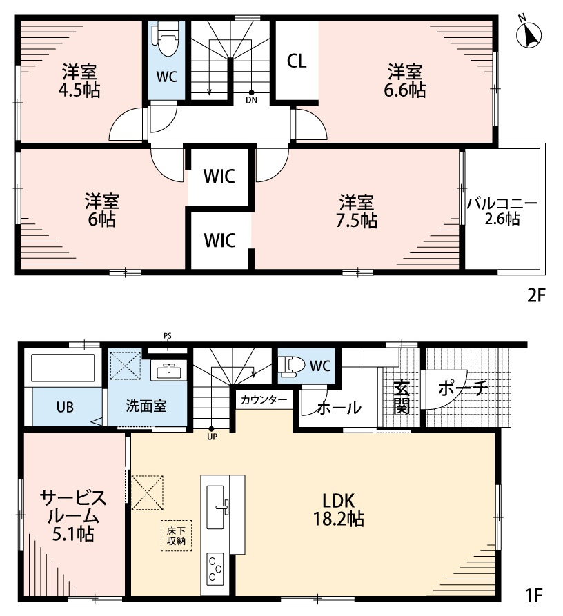 小牧市新町１丁目　新築戸建の間取り|LDK18.2帖にスタディカウンターあり。１階に5.1帖のサービスルームあり。