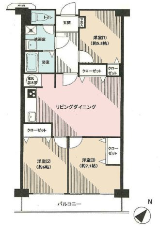 【間取り】 | 本厚木スカイハイツ | 3LDKは、リビングダイニングキッチンと3つの居室がある間取り。ファミリー層に非常に人気の高い間取りで、広々としたリビングで家族団らんを楽しみ、個室でプライベートな時間も確保できるのが大きな魅力です。