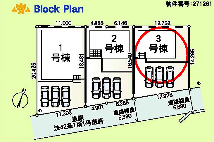 クレイドルガーデン前橋市粕川町新屋第２　3号棟の区画図|駐車場３台ご用意しています！来客時も重宝します♪
並列駐車なので、車の出し入れもしやすいですよ！