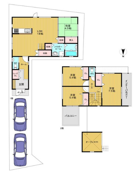 【間取り】 | 八尾市教興寺6丁目　【2号地/全2区画】 | 【2号地/全2区画】駐車2台可能！2階建4LDK！床暖房・食洗機・浴室乾燥機完備☆オープンロフト付き☆2面バルコニー☆