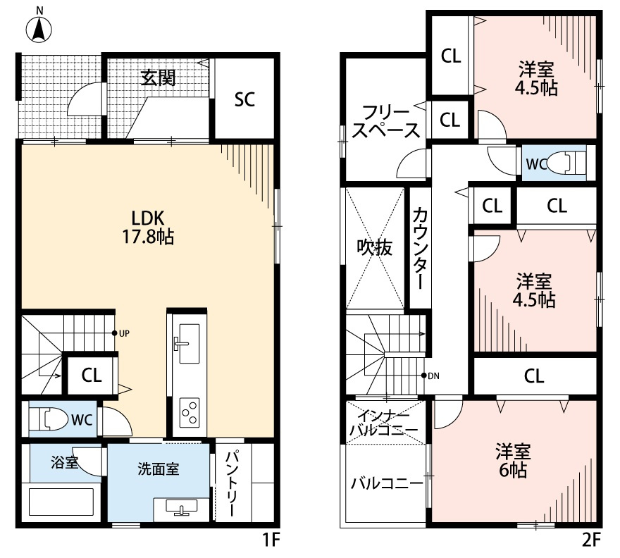 小牧市郷中２丁目　新築戸建　1号地の間取り|シューズクローク・パントリーあり.
リビングに吹き抜けあり。