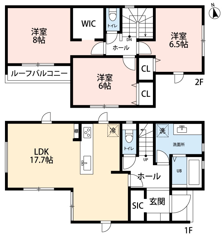 小牧市大字久保一色　新築戸建て　1号棟の間取り|全居室南向き。シューズインクローク・ウォークインクローゼットあり。