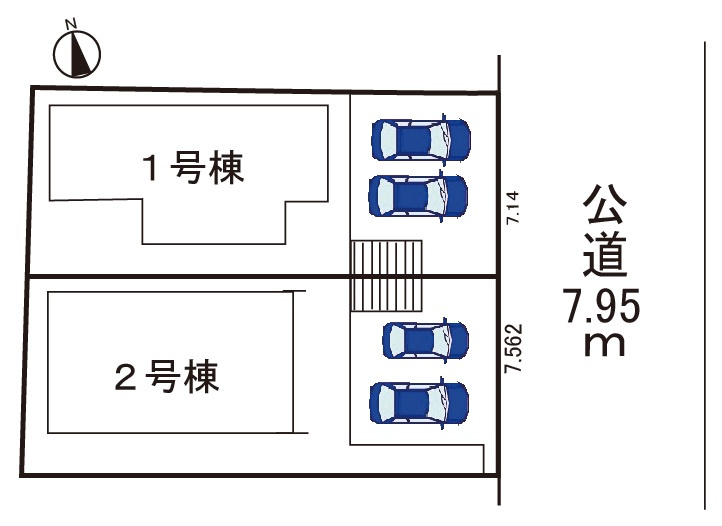 小牧市大字久保一色　新築戸建て　1号棟の区画図|全2区画
前面道路７.９ｍ・駐車楽々♪