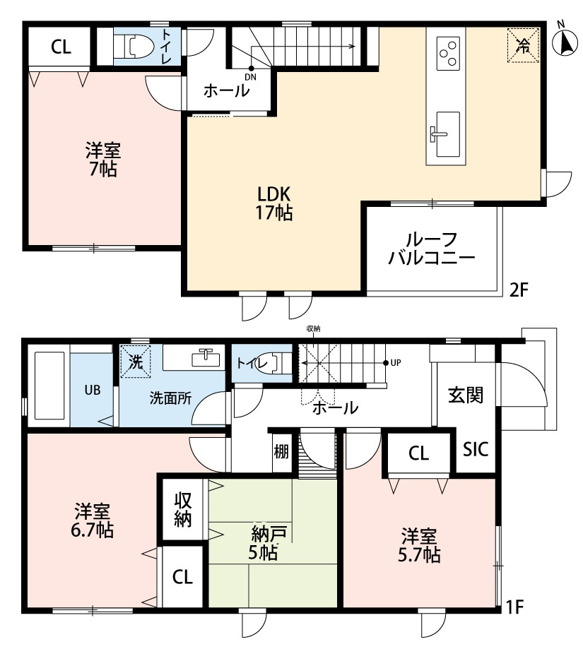 小牧市大字久保一色　新築戸建て　2号棟の間取り|全居室南向き。５帖の納戸あり。シューズインクローゼットあり