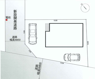 【土地図＋建物プラン例】 | 【仲介手数料無料！！】日野市日野本町6丁目　建築条件付き売地（全4区画）No1　4390万円