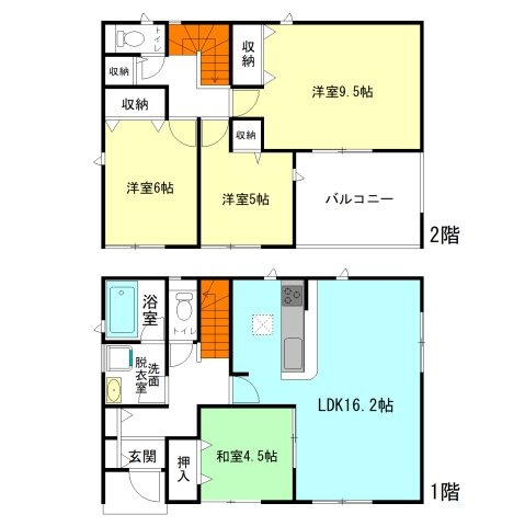 【間取り】 | クレイドルガーデン前橋市大前田町第1ー① | 全居室南向き！寝室ゆったり9.5帖！
リビングと地続きのくつろぎ和室付き！
急な雨でも安心のインナーバルコニー！