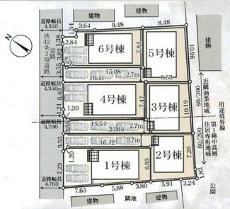 【区画図】 | 秦野市栄町  5号棟 第1 | 5号棟　旗竿地（間口約2.7ｍ）　北西側約4.3～約4.7ｍ公道（セットバック済）　駐車3台（車種によります）　敷地面積41.7坪（路地状部分含む）