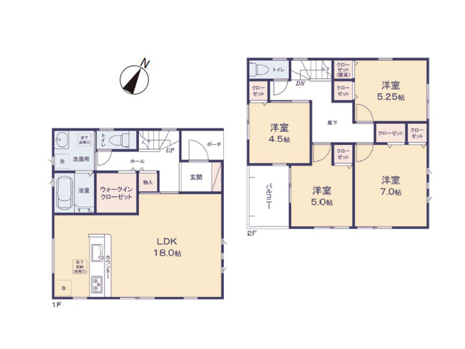 【間取り】 | 富士見市羽沢1丁目　新築一戸建住宅　全1棟　(ふじみ野店) | 採光・通風に配慮された4LDKの住まい。1階には大容量のWICも設置されています。
※図面を基に作成しています。現況と異なる場合は現況を優先いたします。