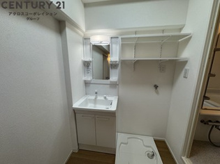 収納スペース豊富な洗面所です。