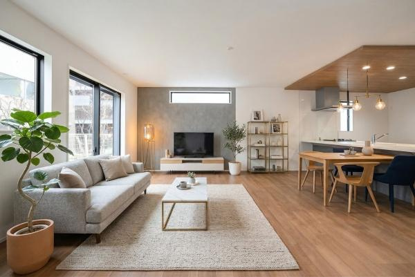 世田谷区喜多見１丁目の新築一戸建の居間・リビング|キッチンからリビングダイニングまで見渡せて、ご家族のコミュニケーションも取りやすい間取りです♪
