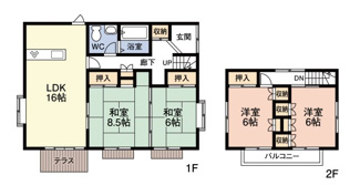【間取り】 | 市原市佐是　中古戸建　上総牛久駅 | ・水回り交換済み（浴室・トイレ・キッチン）
・畳交換
・リビング、２階和室床張替
・外壁塗装
・太陽光パネル搭載
・駐車場２台可能
・お庭
・牛久小学校