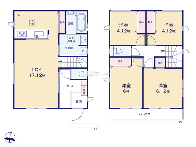 大府市桃山町1-363『仲介手数料無料』新築戸建ての間取り|　B号棟　1F:LDK17.12帖！キッチン物入♪家事動線の良い間取り♪家族が集まるリビングイン階段♪2F:洋室6.12帖・洋室6帖・洋室4.12帖・洋室4.12帖　物入設置♪南面バルコニー♪