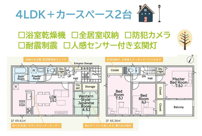 【間取り】 | 将来的なライフスタイルの変化にも柔軟に対応できる４LDK◎　
内部装備充実の新築戸建てで、悠々自適な新生活をお迎えしませんか。