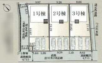 【区画図】 | 秦野市堀山下  3号棟 第8 | 3号棟　南西側約4.7ｍ公道（セットバック済）・南東側約1.8ｍ法外道路　駐車並列3台（車種によります）　敷地面積59.1坪