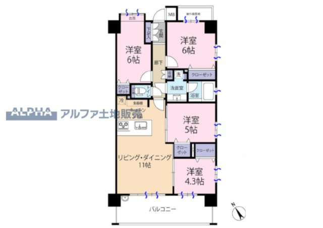 パレステージ中神の間取り|【Floor plan】
◆採光と風◆家事導線も比較的良好で、3面採光と風通しの良さで過ごしやすい麗(うら)らかな気分にさせてくれるリビングダイニングルーム