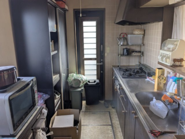 中古戸建　安中市郷原のキッチン|使い勝手のよいシステムキッチンです。勝手口も付いているので、ごみの搬出も、泥付き野菜の搬入もお任せです。