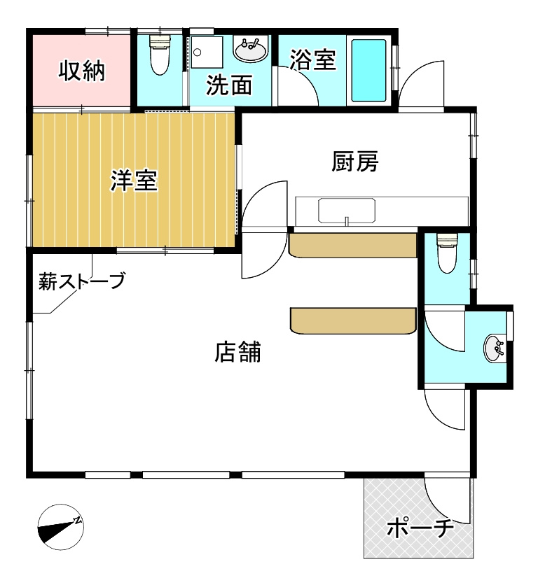 薪ストーブのある店舗付き住宅の間取り|東側が店舗スペース
