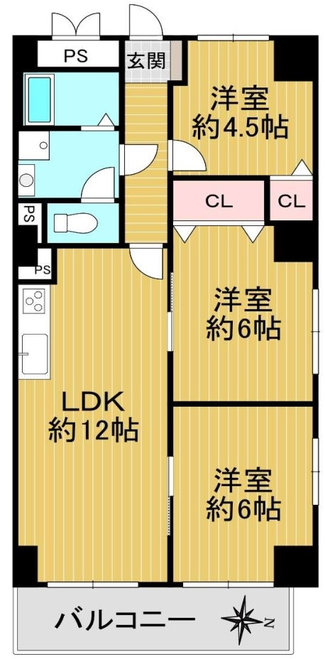ハイマートすみれの間取り|中古マンション　　3LDK　専有面積：61.60平米　バルコニー面積：6.09平米　東向き