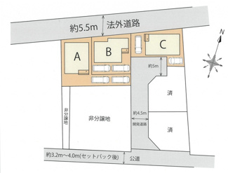 【区画図】 | 海老名市下今泉4丁目  B棟 | ※A・C棟成約済　B棟　北東側約4.5ｍ開発道路（私道・持分あり）・北西側法外道路　駐車2台（車種によります）　敷地面積32.0坪