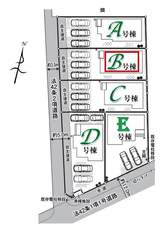 所沢市北原町・全5棟　新築一戸建　B号棟　の区画図|【全5棟・B号棟】整形地・土地面積171.25平米（約51.80坪）