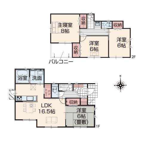 いろどりアイタウン　那珂市杉　23-P2　4の間取り|　
☆各部屋を最大限に広く使って頂けるよう、全居室に大容量の収納付き。全室明るい南向き、ゆったり6帖以上！勝手口が便利で水廻りコンパクト。家事動線ラクラクです♪
