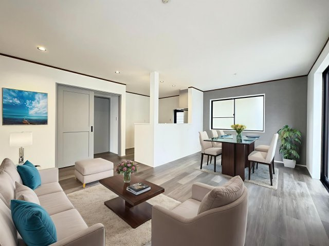 磯城郡田原本町大字三笠の居間・リビング|明るく開放的なLDK（画像の家具はAIで作成したものです）