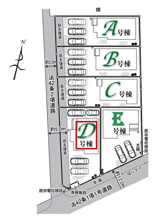 所沢市北原町・全5棟　新築一戸建　D号棟　の区画図|【全5棟・D号棟】整形地・土地面積203.24平米（約61.48坪）