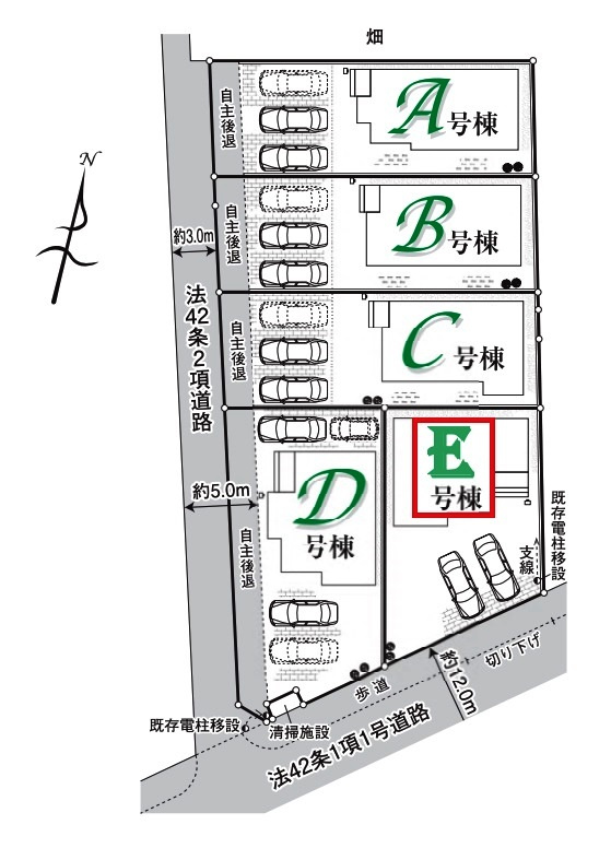 所沢市北原町・全5棟　新築一戸建　E号棟　の区画図|【全5棟・E号棟】土地面積161.44平米（約48.83坪）