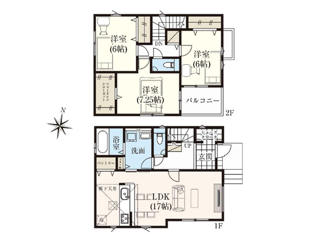 【間取り】 | 富士見市水谷東1丁目　新築一戸建住宅　全4棟　(志木本店) | ウォークスルーの洗面脱衣所で家事育児動線良好です。
アウトドア用品やスポーツ用品も保管できるシューズクローク付きの玄関。