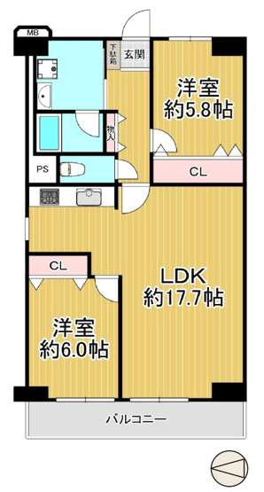 【間取り】 | 照ケ丘矢田グランドハイツ | 最上階！角住戸☆リビング約17.7帖、ゆったり2LDK♪室内水廻り設備一新！建具新調、全面リフォーム済み☆食洗機＆浄水器・浴室乾燥機・TVモニターホン完備☆各室照明器具付きです☆