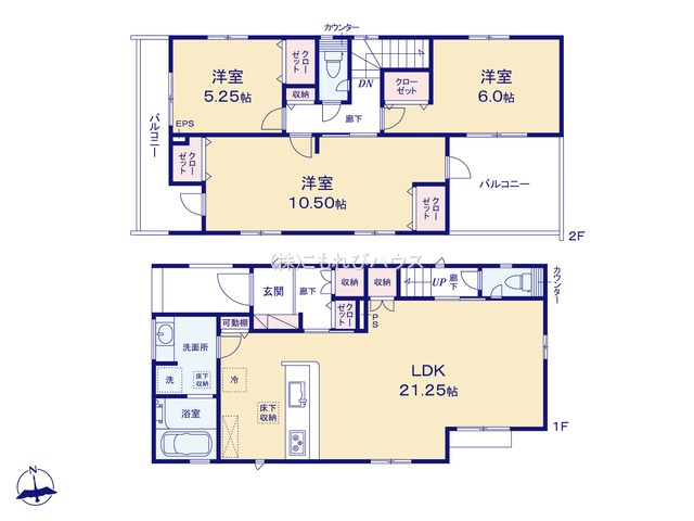 上尾市瓦葺　2期　新築一戸建て　ブルーミングガーデン　01の間取り|上尾市瓦葺　2期　新築一戸建て　ブルーミングガーデン　01、3LDK、土地面積157.13m2、建物面積109.18m2