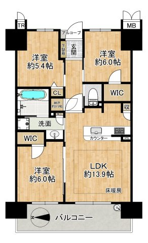 三国の川辺の森リバーガーデンの間取り|◆専有面積：70.19㎡、3LDK＋S＋2WIC＋トランクルーム、広々LDK約13.9帖！