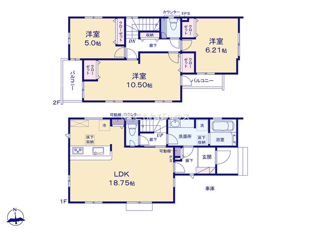 上尾市瓦葺　2期　新築一戸建て　ブルーミングガーデン　06の間取り|上尾市瓦葺　2期　新築一戸建て　ブルーミングガーデン　06、3LDK、土地面積149.83m2、建物面積103.03m2