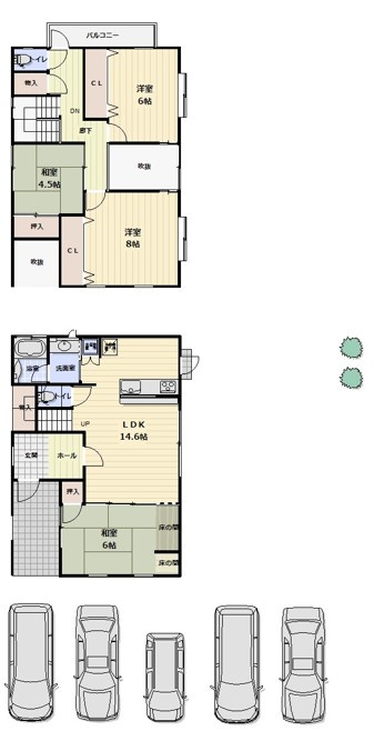 新開3丁目中古戸建Ｈ9年の間取り|4ＬＤＫでＬＤＫと和室が続き間で広々した設計となっております。