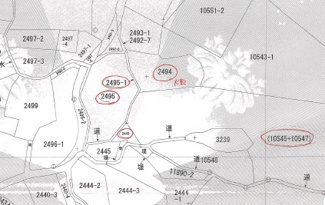 【土地図】 | 山陽小野田市埴生 土地／家屋付き（計6筆／約2031坪） | 計6筆。地番：2446、2494、2495、2495-1、10545、10547（地目：山林、宅地他）