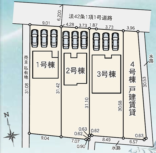 新築　桐生市相生町2丁目24-1期　LIGNAGE　2号棟の区画図|全3区画の2号棟です。土地約76坪。