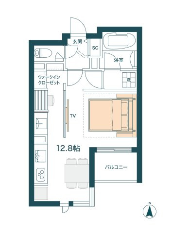 グロリア要町の間取り|ナイトタイム　※ベッド・マットレス・壁掛けテレビ以外は実際の部屋には付きません。