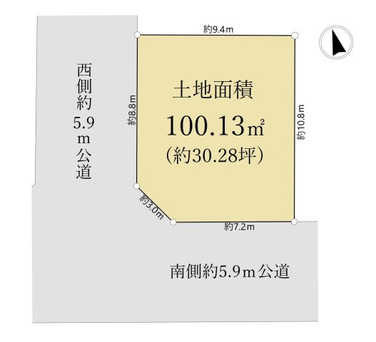 板橋区桜川2丁目 限定1区画の土地図|南側約5.9ｍ公道×西側約5.9ｍ公道に面する南西角地の整形地
土地面積100.13㎡(約30.28坪)
光と風を享受する心地よい立地