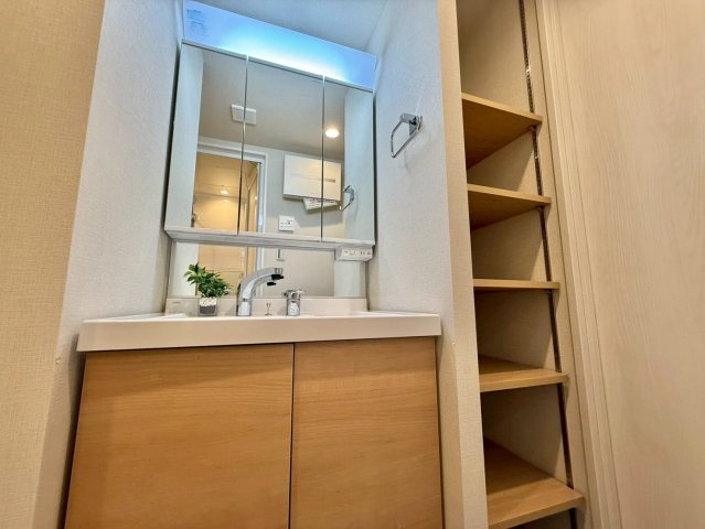 アンバサダー三軒茶屋の独立洗面台|着替えやタオル置き場に困る洗面室には、収納を設置！

現地ご見学希望・資料請求などお気軽にお問い合わせ下さい！
03-5990-5201