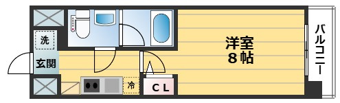 グランドパレス西院東館の間取り|1Ｋ（洋室８帖×Ｋ）