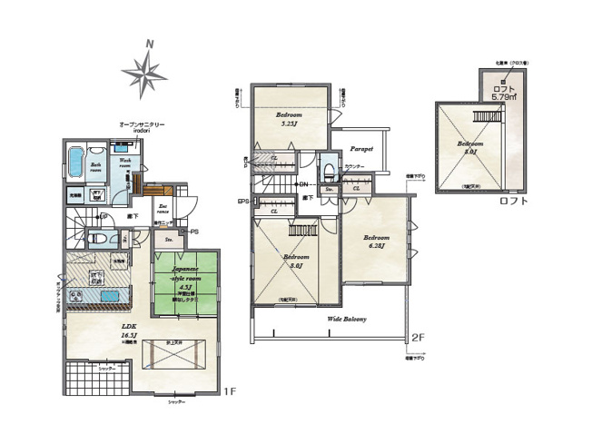【間取り】 | 東久留米市金山町1丁目　新築一戸建住宅　全9棟　(保谷店) | 4号棟/用途多彩なリビング横和室の備わる住まい。ロフトなど収納スペースも豊富です。
※図面を基に作成しています。現況と異なる場合は現況を優先いたします。