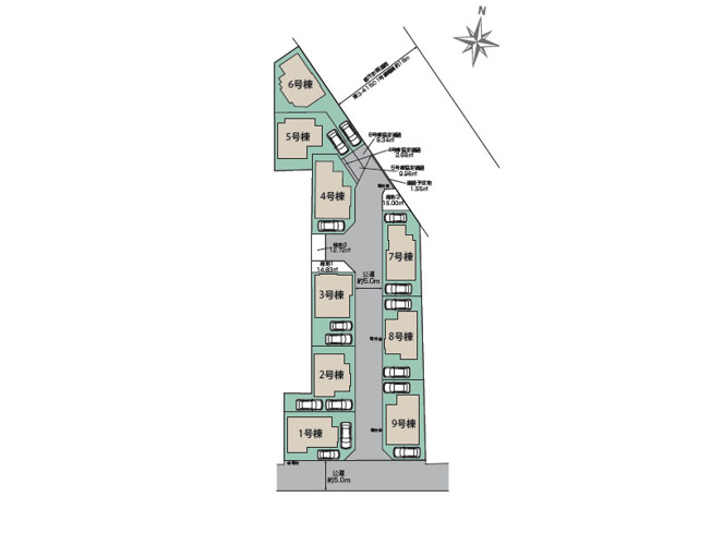【区画図】 | 東久留米市金山町1丁目　新築一戸建住宅　全9棟　(保谷店) | 4号棟/南側は道路と緑地、駐車スペースなので陽当たり良く開放的です。
※図面を基に作成しています。現況と異なる場合は現況を優先いたします。