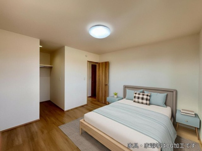 【寝室】 | 【主寝室　CG家具設置イメージ】
※画像内に含まれる家具家電はCGで作成されたイメージです。実際の物件には付帯しません。