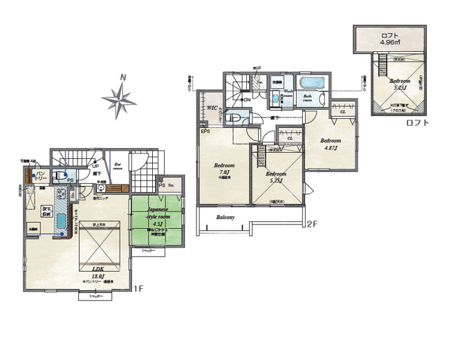 【間取り】 | 東久留米市金山町1丁目　新築一戸建住宅　全9棟　(保谷店) | 5号棟/用途多彩なリビング横和室の備わる住まい。パントリー、WIC、ロフトなど収納スペースも豊富です。
※図面を基に作成しています。現況と異なる場合は現況を優先いたします。