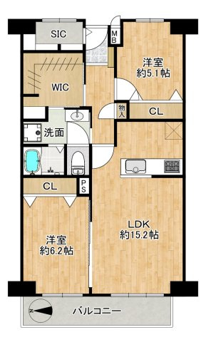 ファミールハイツ北大阪1号棟の間取り|◆専有面積：72.35㎡、2LDK＋WIC＋SIC、LDKは約15.2帖！